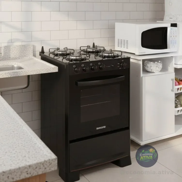 Fogão Suggar Cook Glass 4 Queimadores Mesa Vidro Preto Bivolt FGVCG410PT