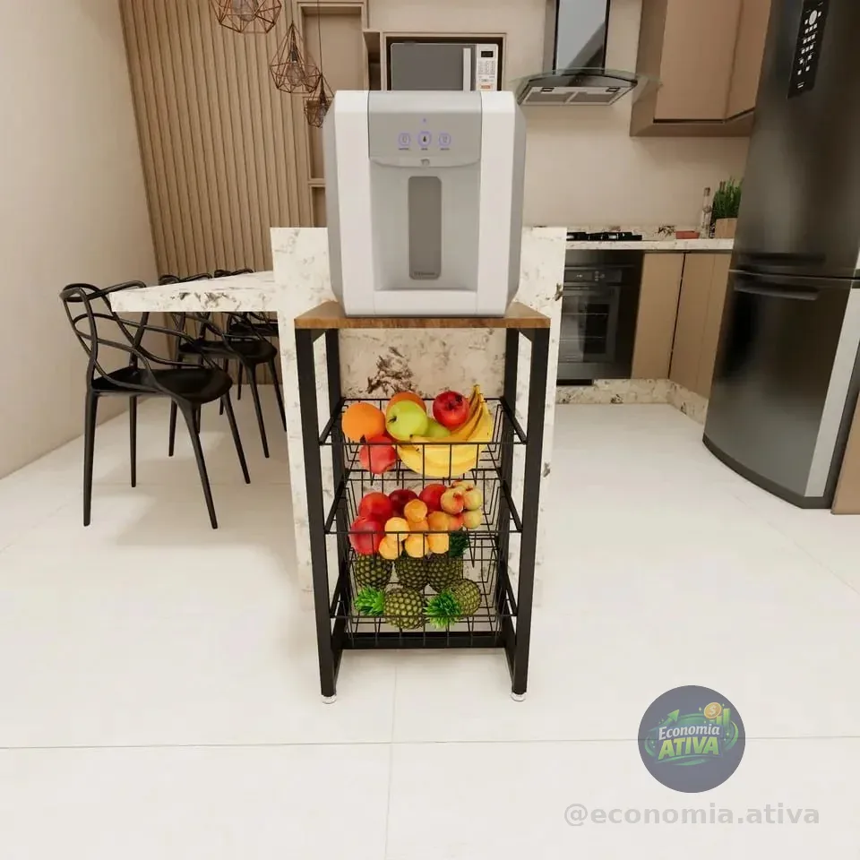 Fruteira De Chão Em Aço Cozinha Suporte Bebedouro Amadeirado Cor Preto/amadeirado