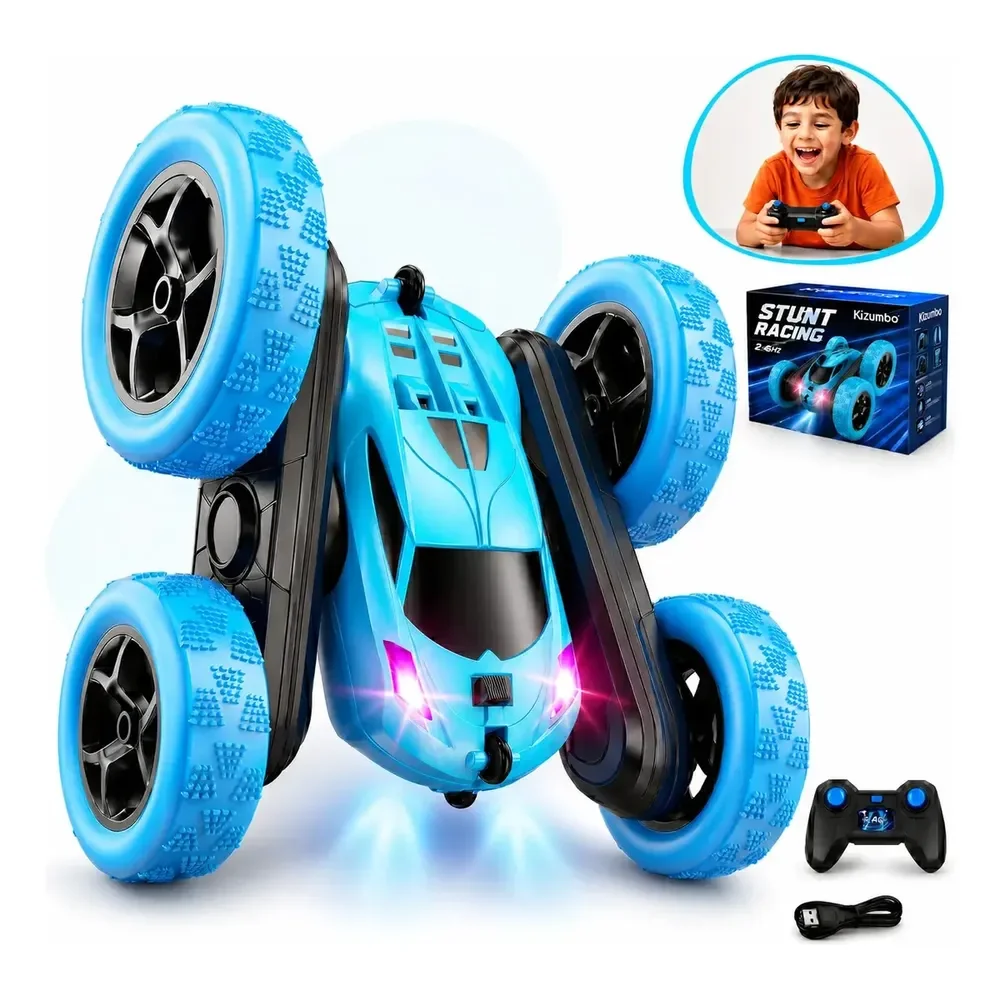 Carrinho De Controle Remoto 4x4 Pirueta Giro 360º Brinquedo Infantil Recarregável Maluco Com Luzes Kizumba Cor Azul