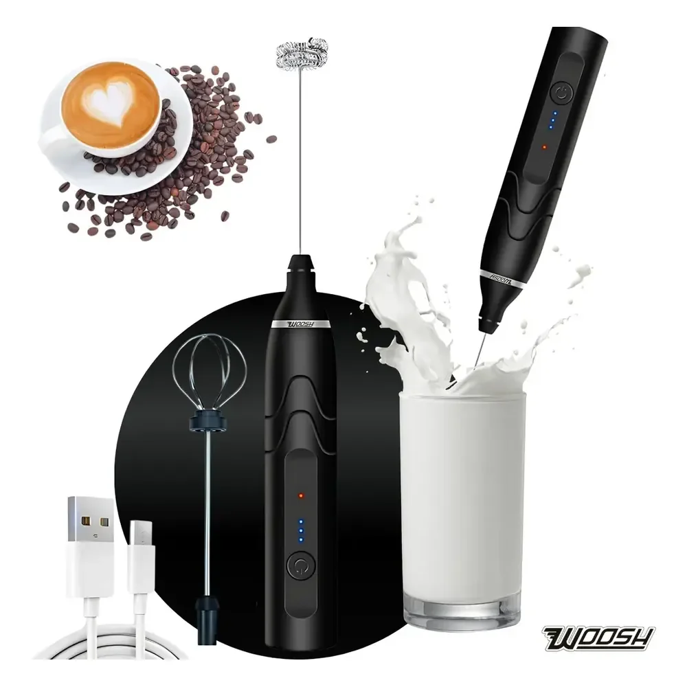 Mixer Elétrico Portátil 2 Em 1 Recarregável Potente Misturador De Bebidas E Ovos 3 Velocidades Usb Batedor E Fue Fouet Marca Woosh Preto