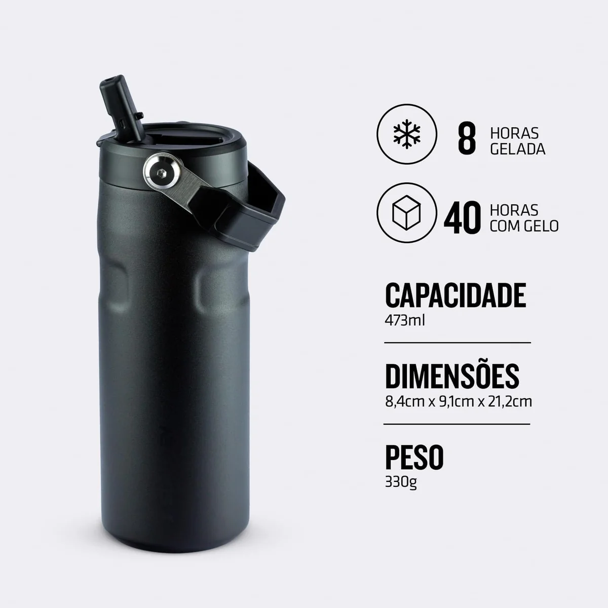 Stanley - Garrafa de Água Aerolight Flip Straw, Canudo Integrado, Abertura Grande, Aço Inoxidável Leve, 473ml Black