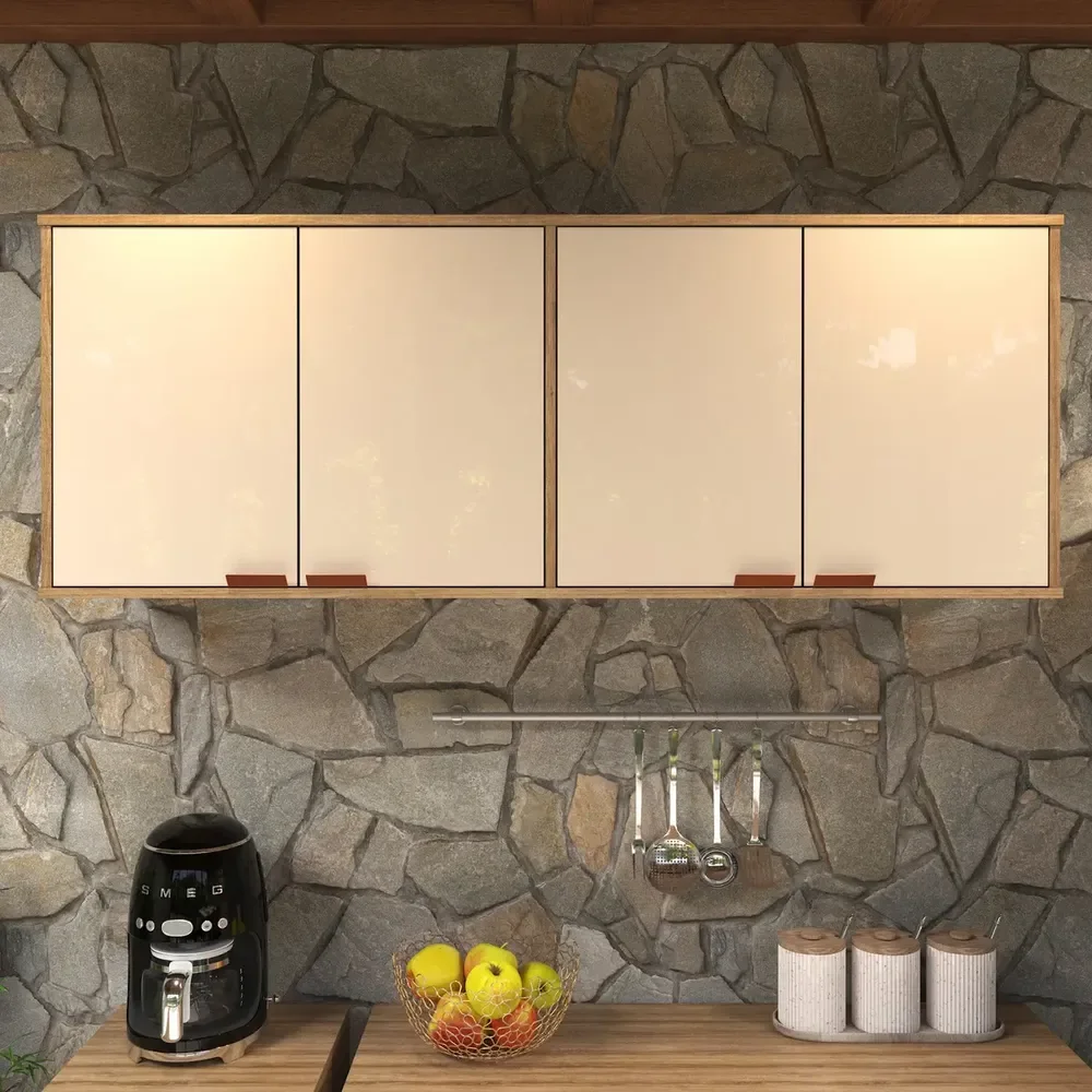 Armário Aéreo De Cozinha Off White Suspenso Design Compacto Com 4 Portas Estilo Moderno