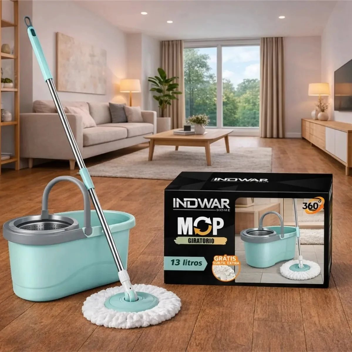Mop Giratório Cesto Inox Com Refil Balde 13l Esfregão Cabo 130cm Rodinhas Fácil Limpeza Eficiente Uso Longo Sem Esforço... Verde