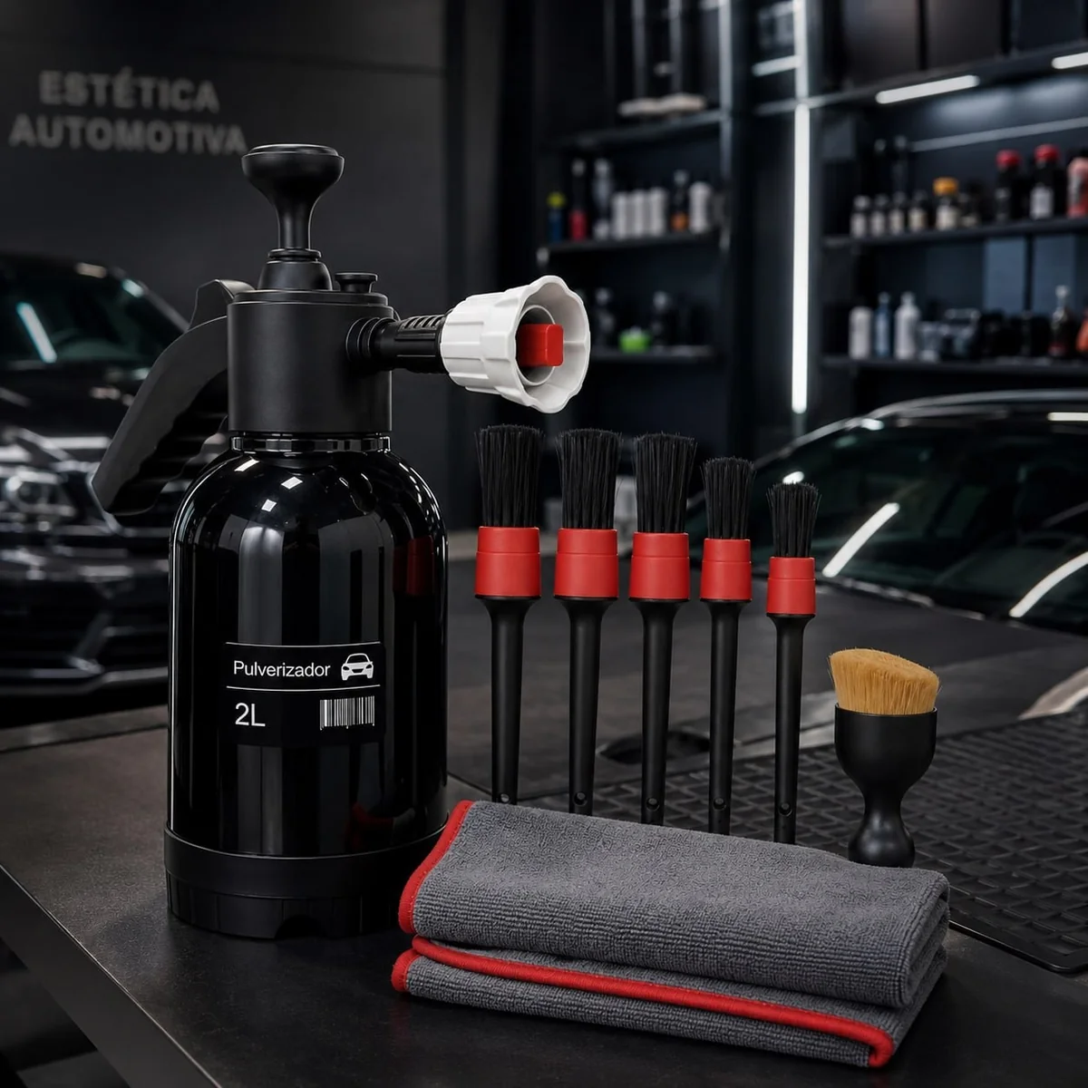 Kit Pulverizador Profissional 2l Pulverizador Híbrido 3 Em 1 Pressão 2 Litros Cor Preto Profissional + Pincel E Toalha Preto-pp
