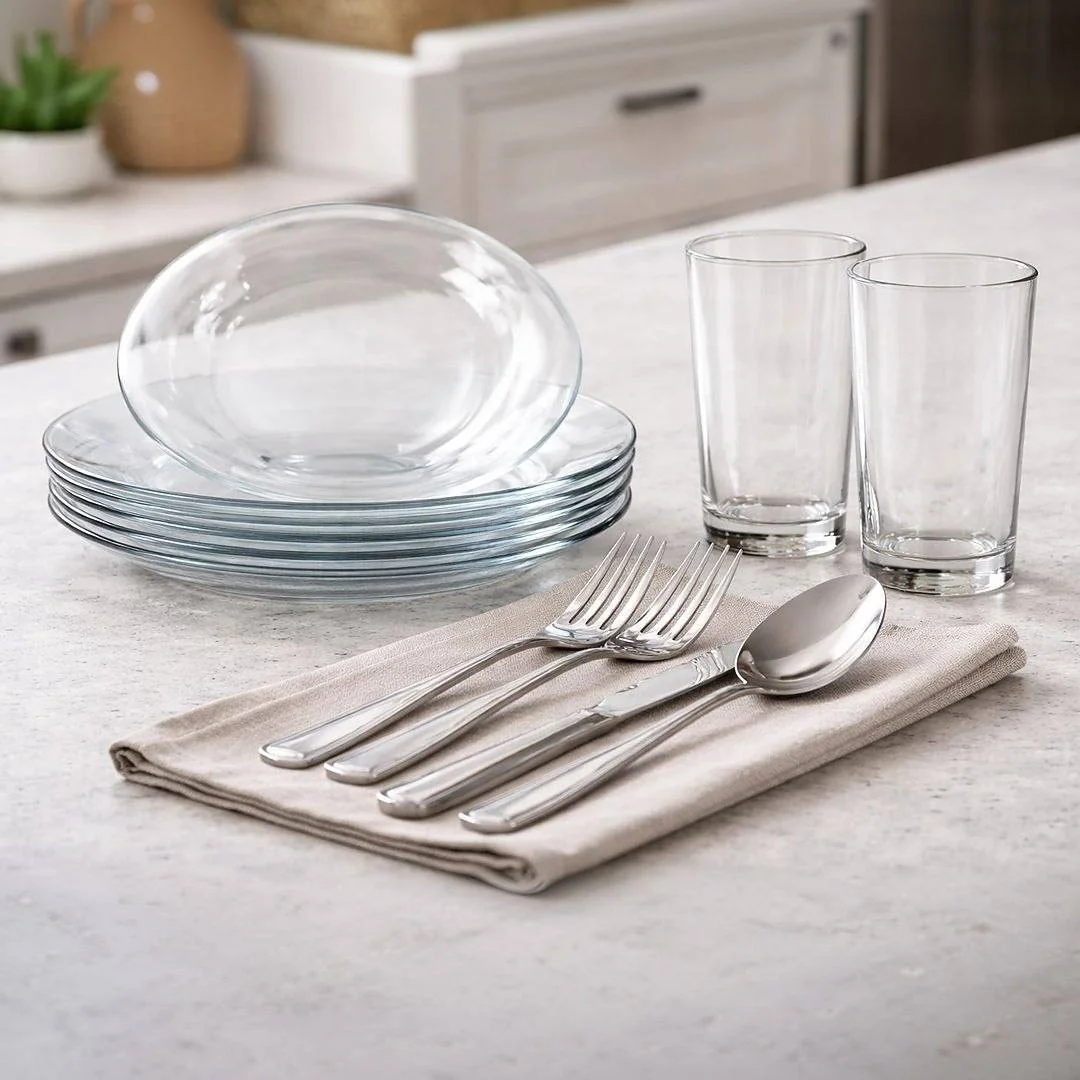Aparelho De Jantar 30 Peças - Pratos + Copos + Talheres Inox