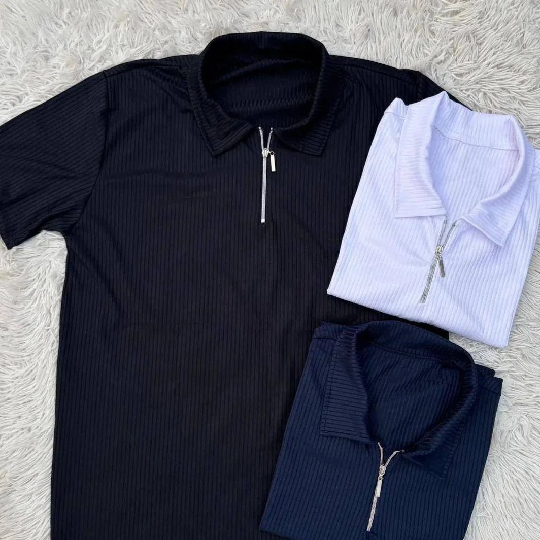 Kit 3 Camiseta Polo Manga Curta Com Zíper Masculina Canelada