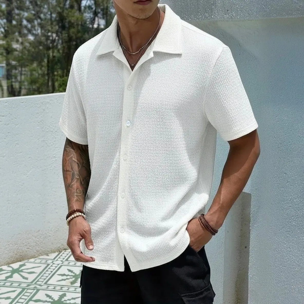 Camisa Casual Masculina Texturizada Com Botões Old Money Damasco Texturizado M