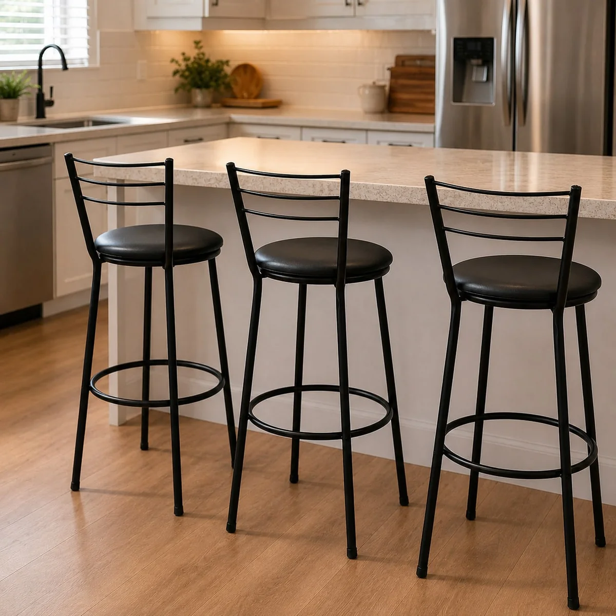 Kit Com 3 Banquetas Altas Flórida Itagold Pretas Em Aço Com Encosto Para Cozinha E Balcão Preto