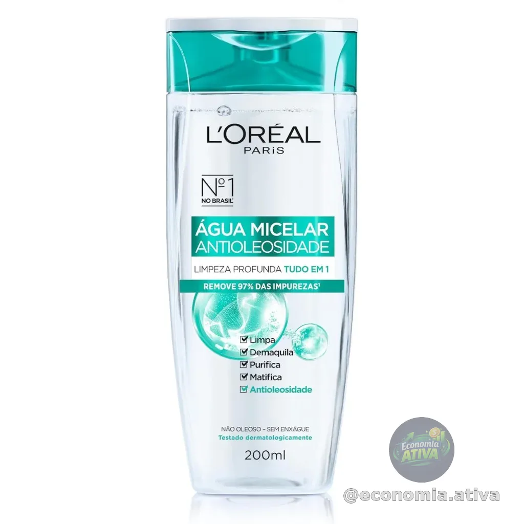 L'Oréal Paris Água Micelar Efeito Matte Solução de Limpeza Facial 5 em 1, 200ml