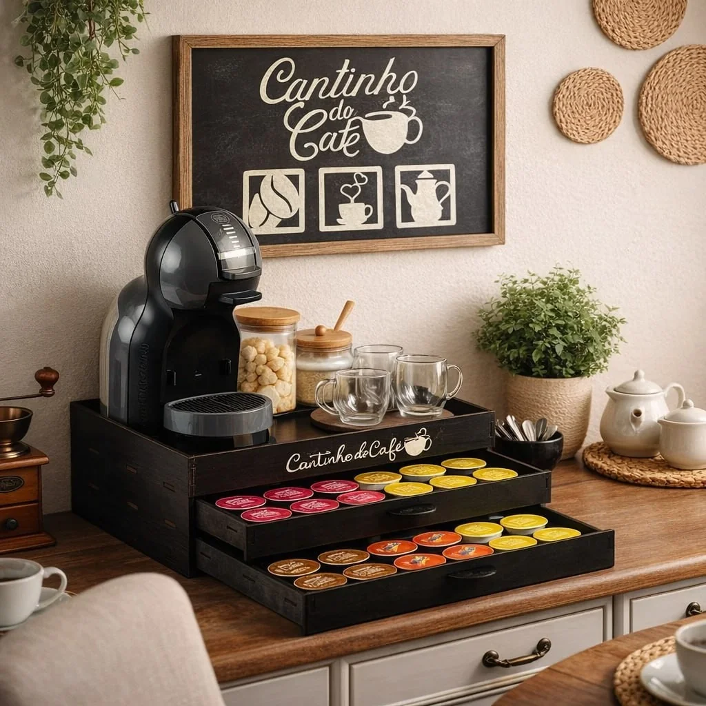 Bandeja Comoda 2 Gavetas Porta Cápsula Café Dolcegusto Preta Preto