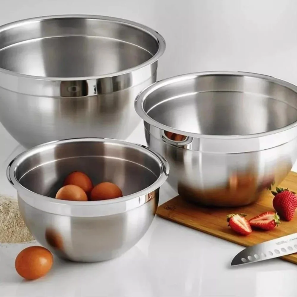 Conjunto 3 Tigelas Fundo Bowl Em Aco Inox Redonda Mundilar Cinza