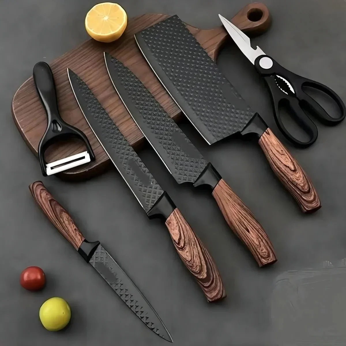 Kit Jogo De Facas Inox Corte Afiado Antiaderente Presente Cor Marrom-escuro