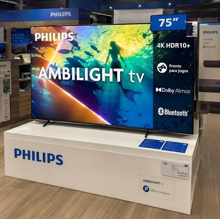 PHILIPS, Smart TV Ambilight 75" 4K, 75PUG8100/78, Comando de Voz, HDR10+/Dolby Atmos, VRR/ALLM, Bluetooth