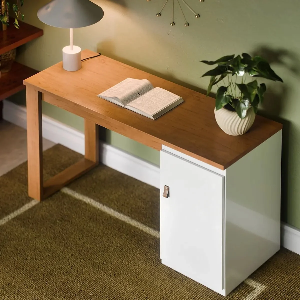 Escrivaninha Mesa Para Computador Paris 115cm Home Office Estudo Escritório Mdf Mdp 1 Porta Armário Lateral Puxador De Couro Cor Branco Canela Canela/branco