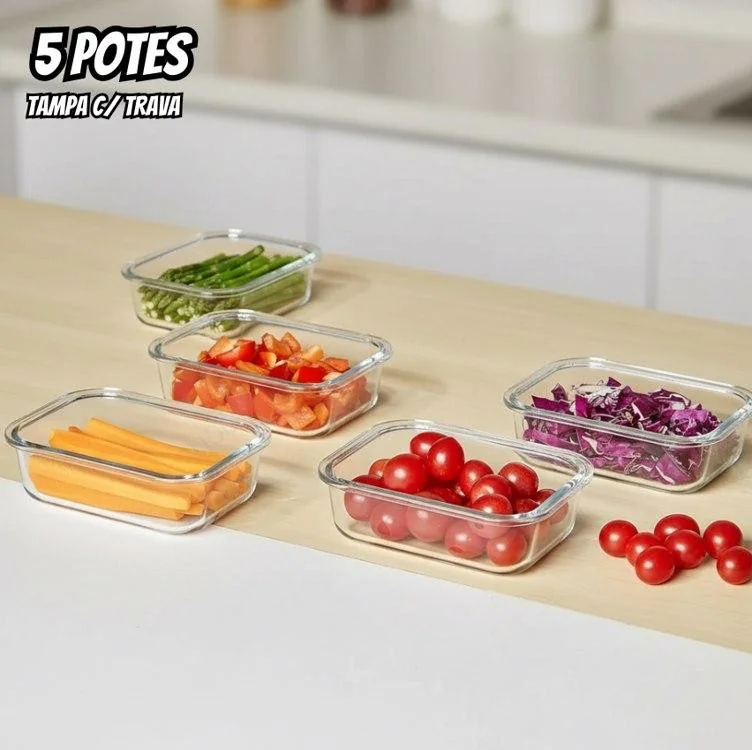 Yab - Kit 5 Potes De Vidro Marmita C/ Tampa Hermético 640ml Retangular 4 Travas Borossilicato Alimentos Micro-ondas Freezer Geladeira Transparente