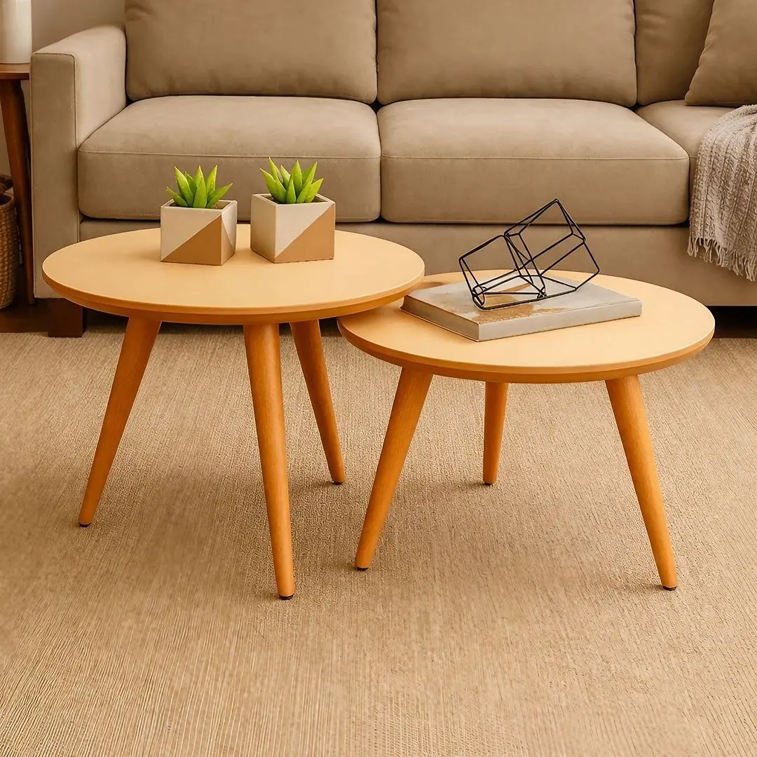 Conjunto Mesa De Centro Para Sala Lateral Redonda Pés Palito