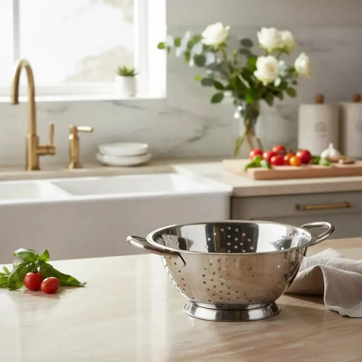 Escorredor De Massa Macarrão Legumes Inox Com Cabo Alça 24cm Prata