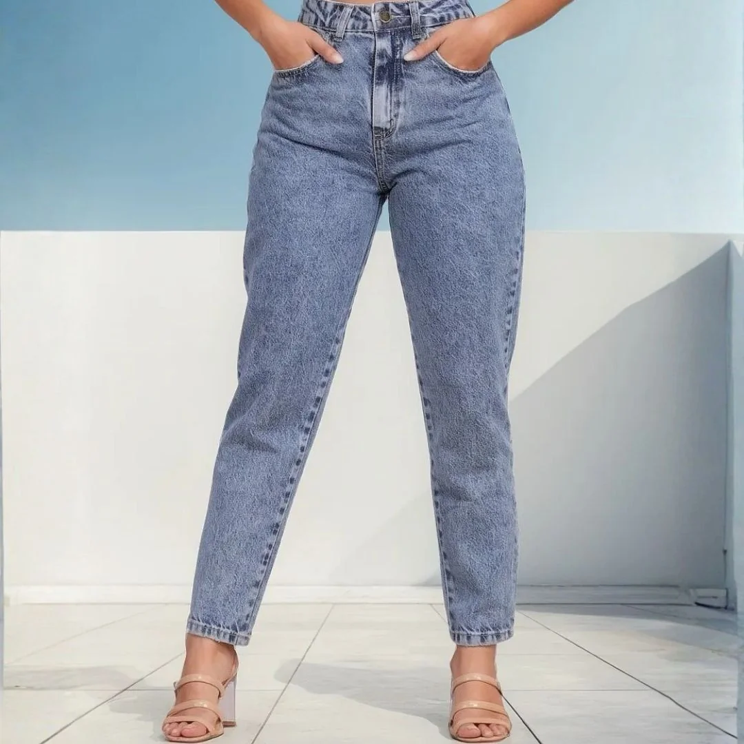 Calça Mom Jeans Feminina Cintura Alta Marmorizada