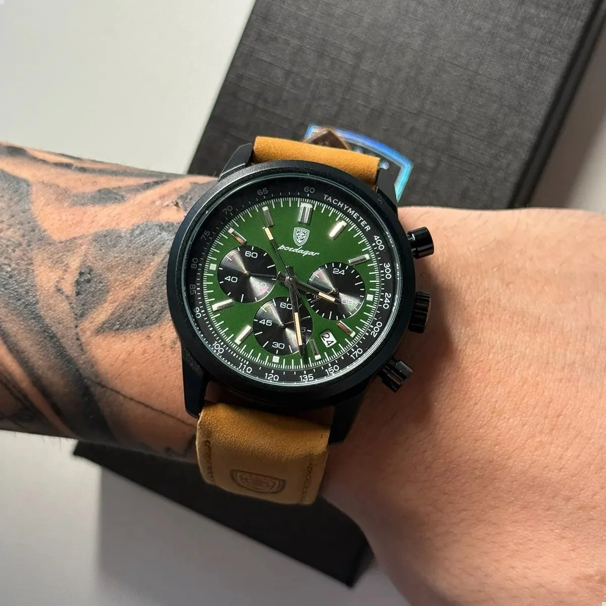 Relógio Luxo Poedagar Masculino Pulseira Em Couro Funcional