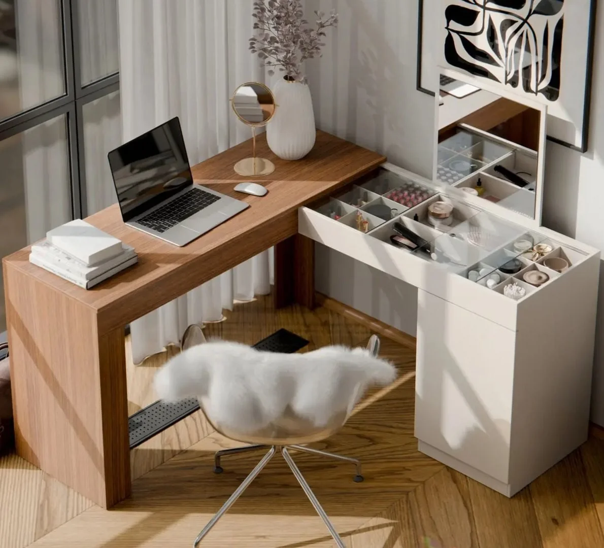 Penteadeira Escrivaninha De Canto Star Com Espelho Freijó/off White Mesa Multifuncional Para Quarto E Escritório Moderna Elegante