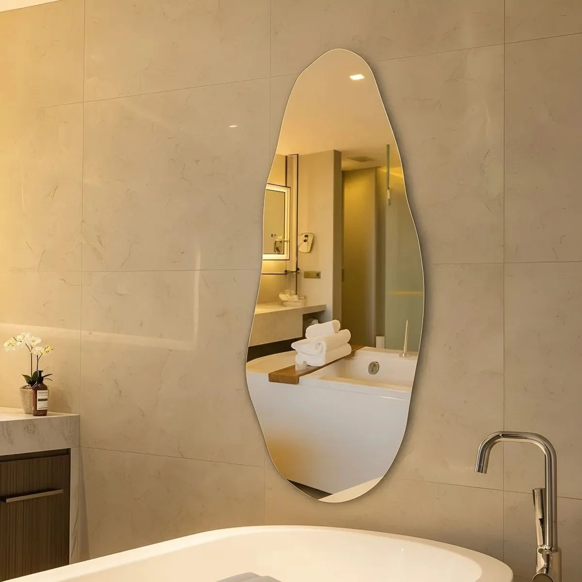 Espelho Orgânico 70cm Decoração Lapidado Design Moderno Luxo Quarto Sala Banheiro Hall Decorativos Camarin Polido Sem Moldura Vmex