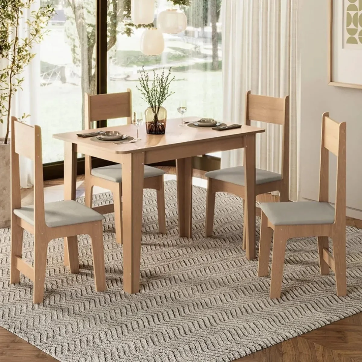 Conjunto De Jantar 4 Lugares Com Mesa Retangular Tampo Mdf Mel/bege