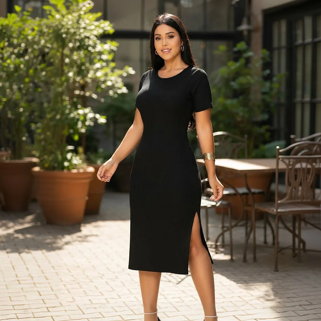 Vestido Canelado Midi C/ Manga E Fenda Lateral Casual Básico