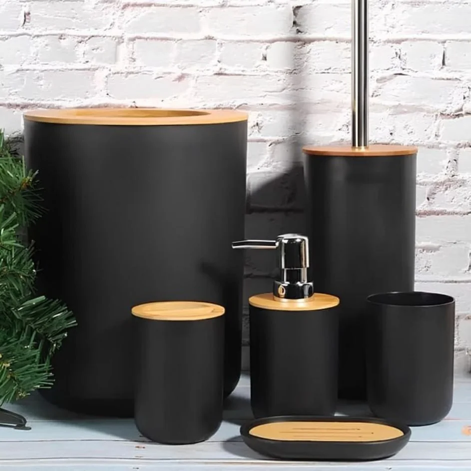 Conjunto Acessórios Kit Completo 6 Peças Para Banheiro Tampa Fechada Copo Multiuso, Escova Sanitária, Cesto De Lixo, Porta Escova, Porta Sabonete Líquido, Saboneteira Cor Preto Sayonara