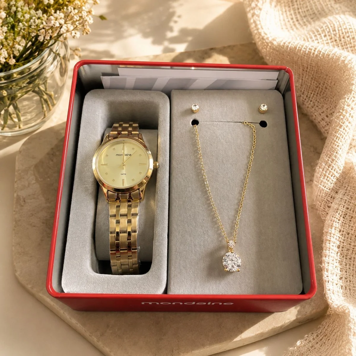 Kit Relógio Mondaine 32611lpmkde1k1 Dourado + Colar E Brincos