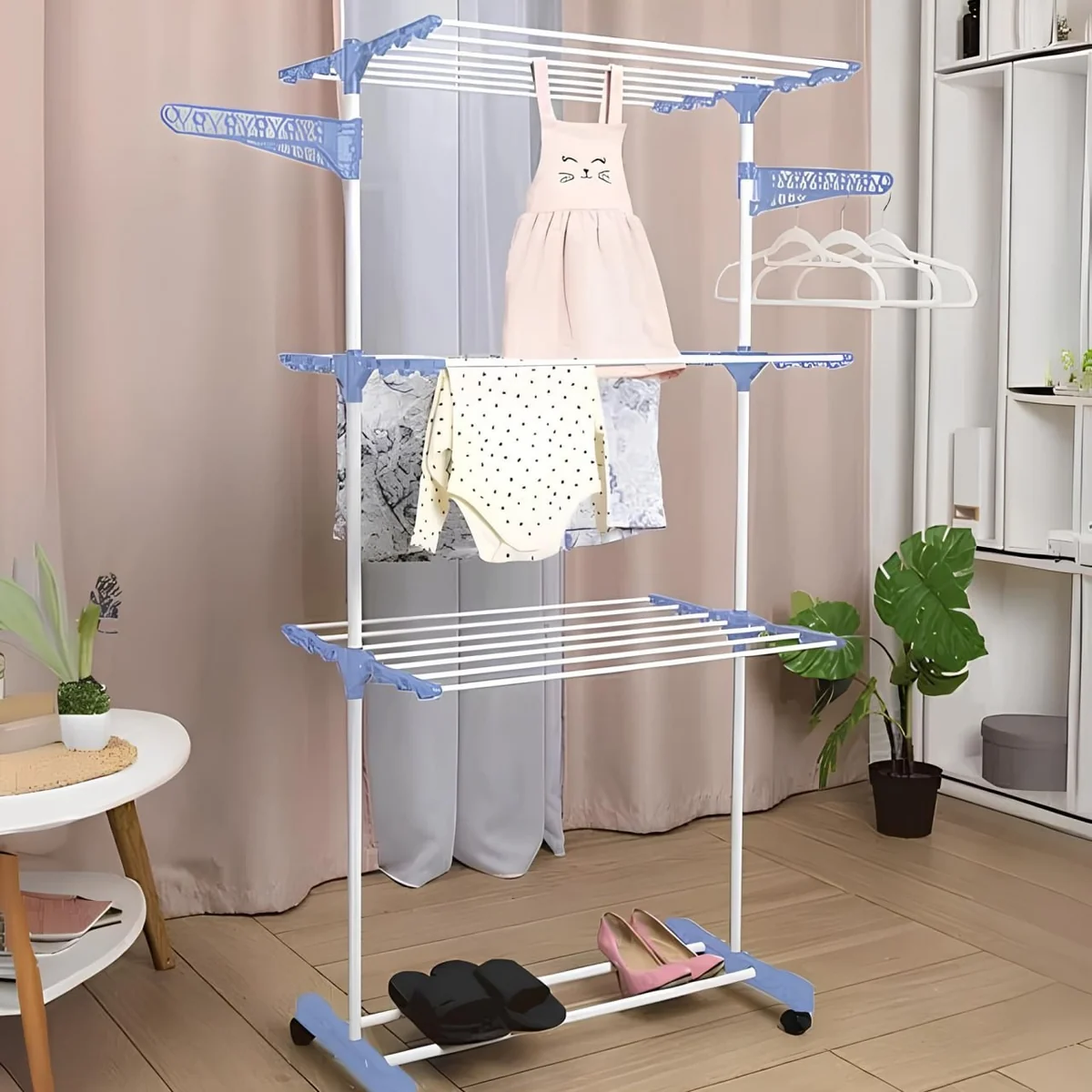 Varal De Chão Grande De Roupas 3 Andares Dobrável Cor Azul Kontuz 170 Cm