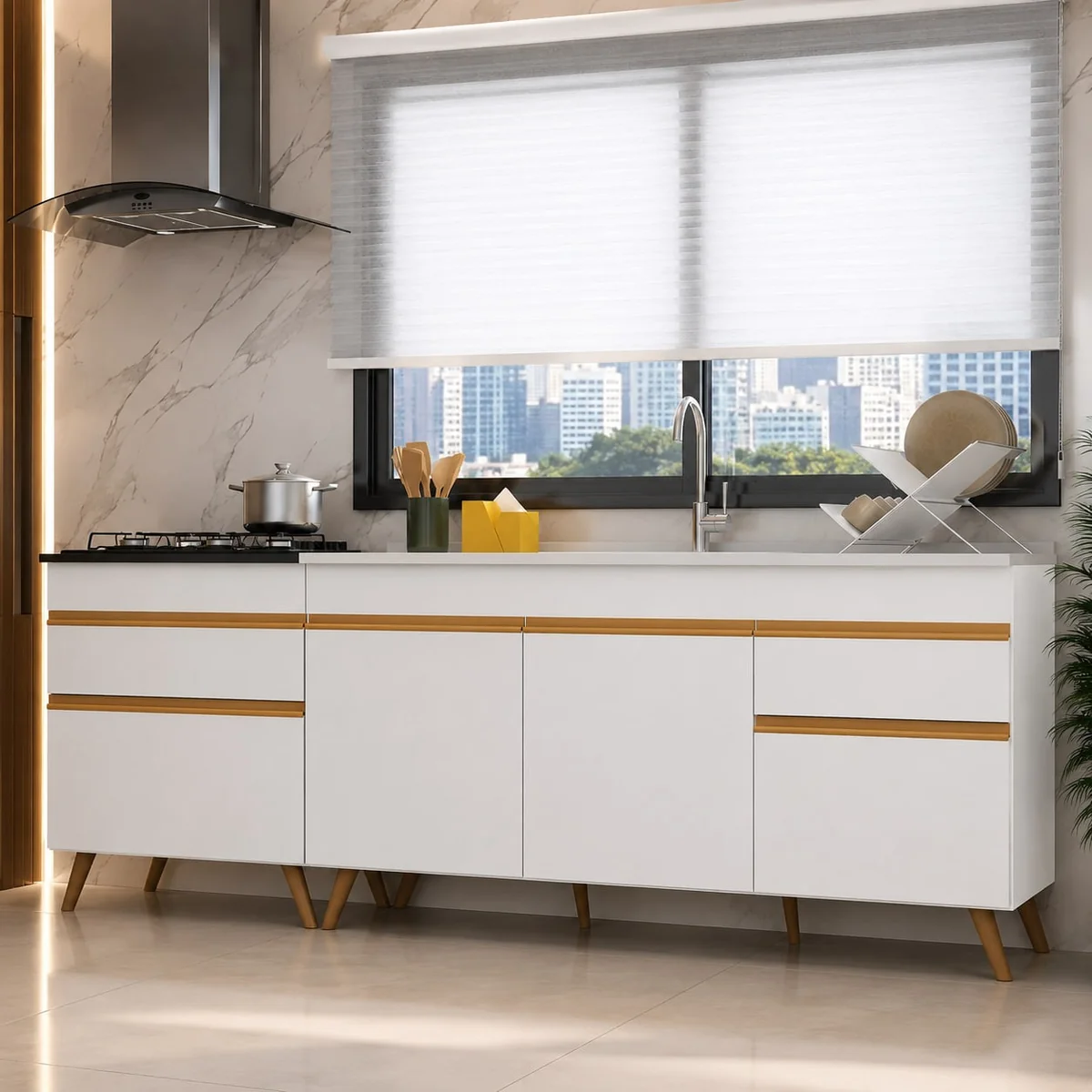 Kit 2 Balcões - Gabinete Para Pia 1,50 E Balcão Para Cooktop 70cm Veneza Gw Multimóveis Mp2073 Branco