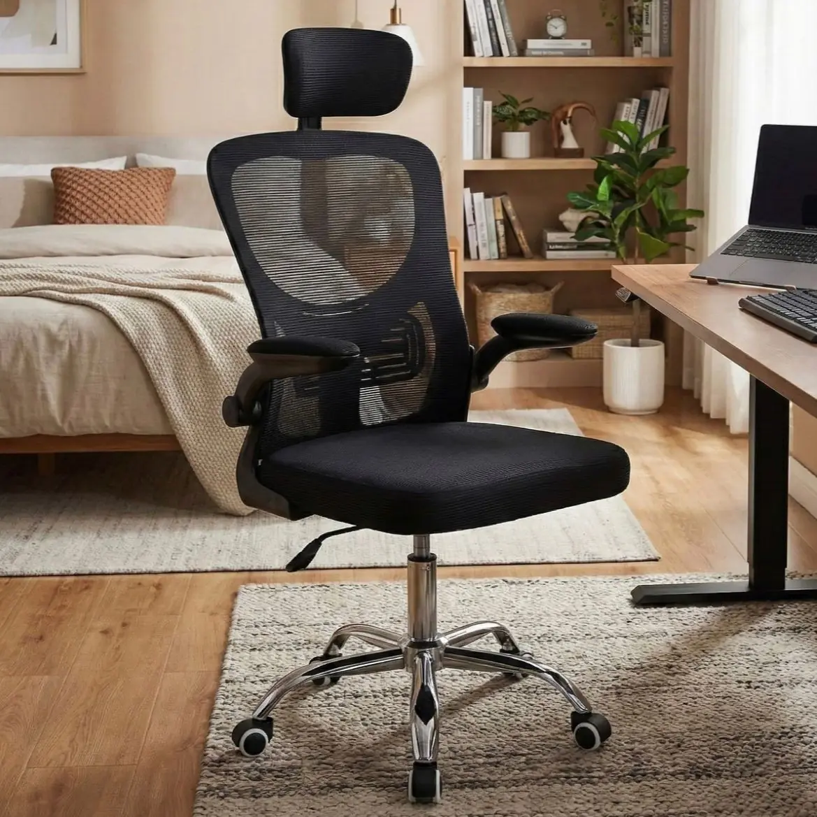 Cadeira Escritório Ajuste Lombar Encosto De Cabeça Preto Malha