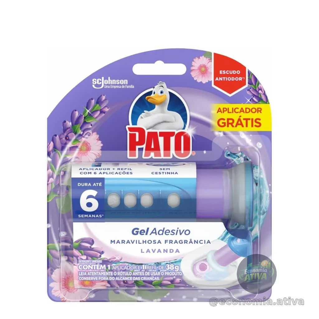 Pato Desodorizador Sanitário Gel Adesivo Lavanda, Limpeza Banheiro, Com Aplicador, 6 Discos