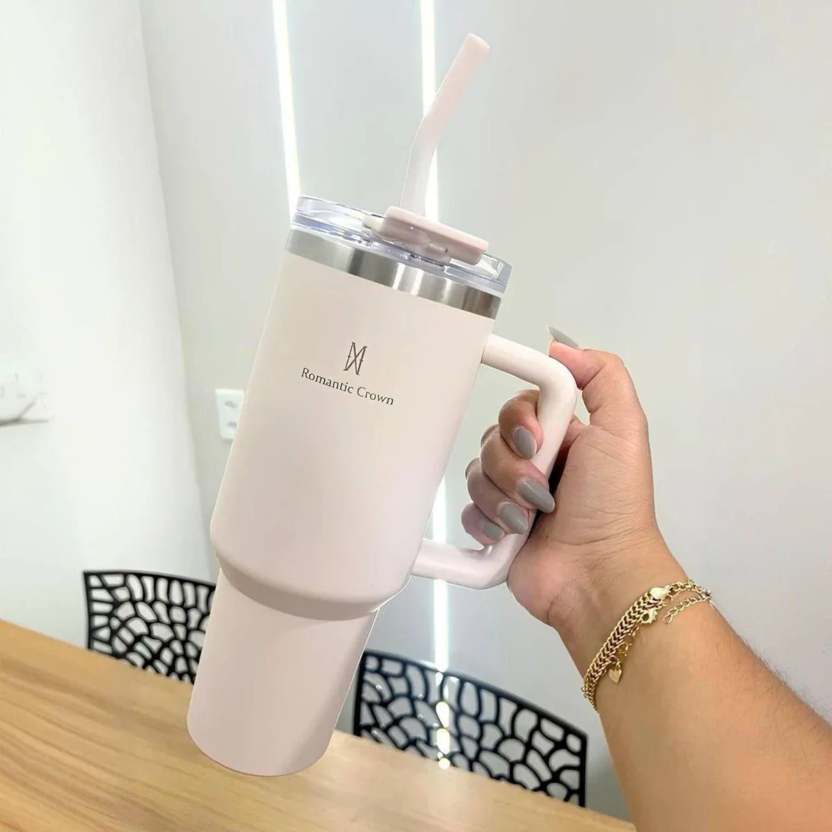 Copo Térmico Gigante 1,2l Inox Com Tampa E Inox Canudo Cor Branco Cor Pura / Material Fosco