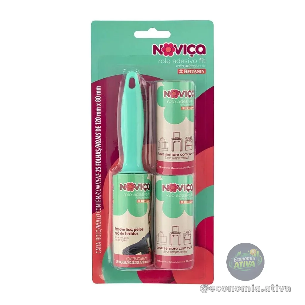 Noviça - Rolo Adesivo Fit com 25 Folhas Tira Pelos, Acompanha 2 Refis, Bettanin