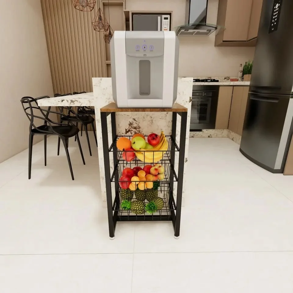 Fruteira De Chão Em Aço Cozinha Suporte Bebedouro Amadeirado Cor Preto/amadeirado
