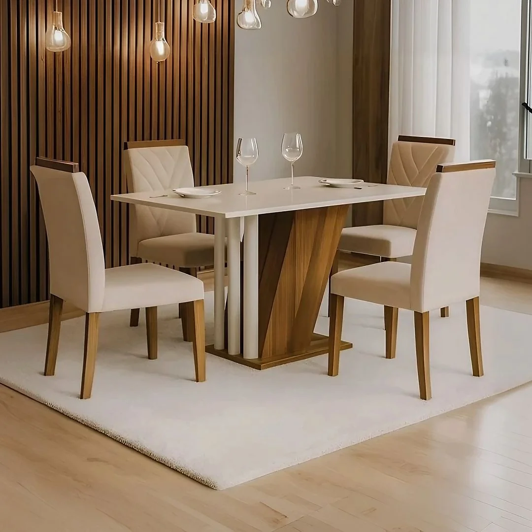 Conjunto Sala De Jantar Com 4 Cadeiras Miami Freijo/offwhite/palha Veludo