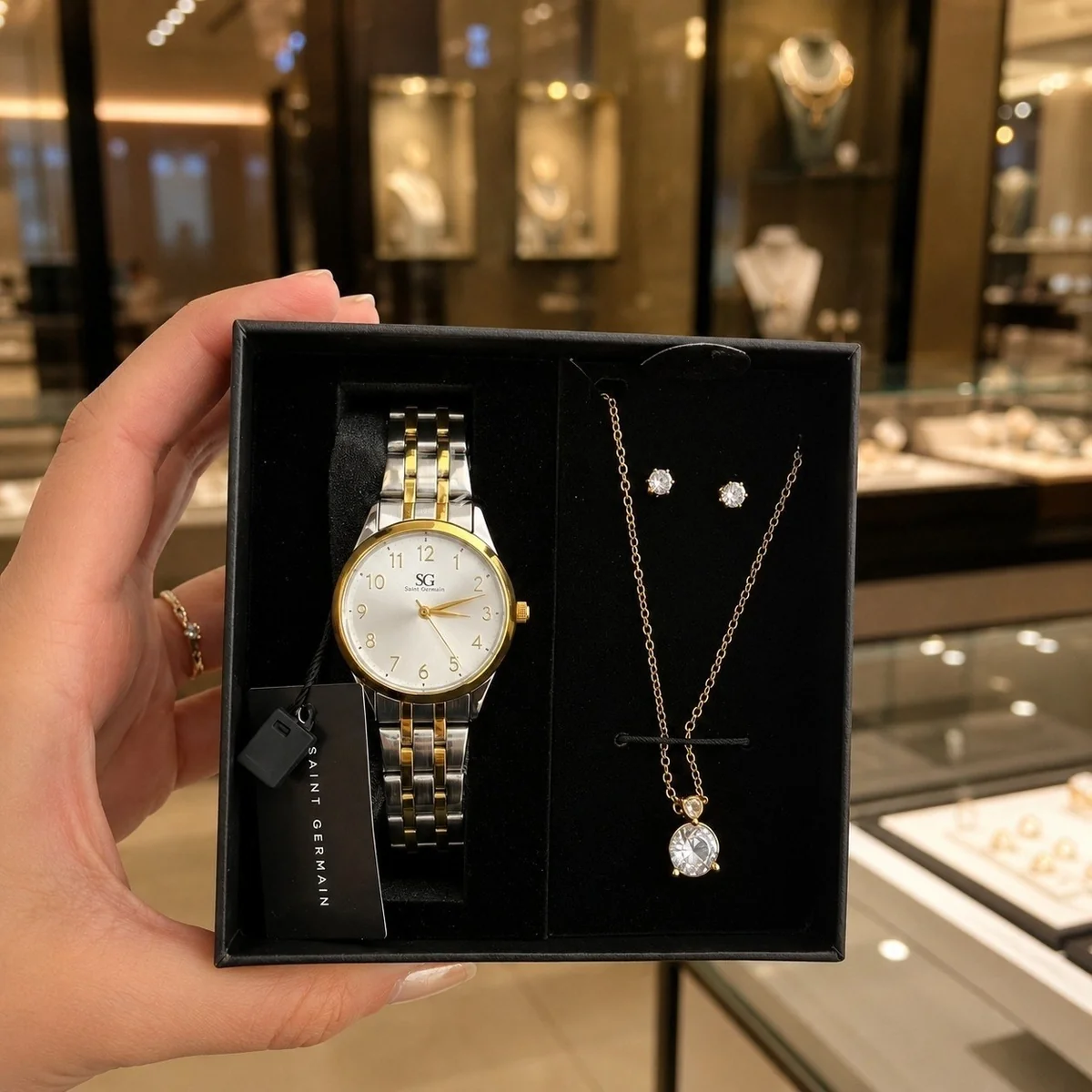 Kit Relógio Colar E Brincos Ponto De Luz Dourado E Prateado Feminino Luxo Saint Germain 28mm