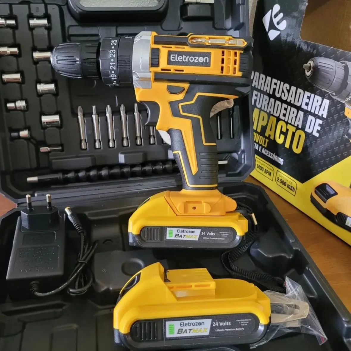Kit Parafusadeira Furadeira De Impacto Profissional Com Luz 2 Baterias 24v Com Maleta + Acessórios Amarelo 60 Hz