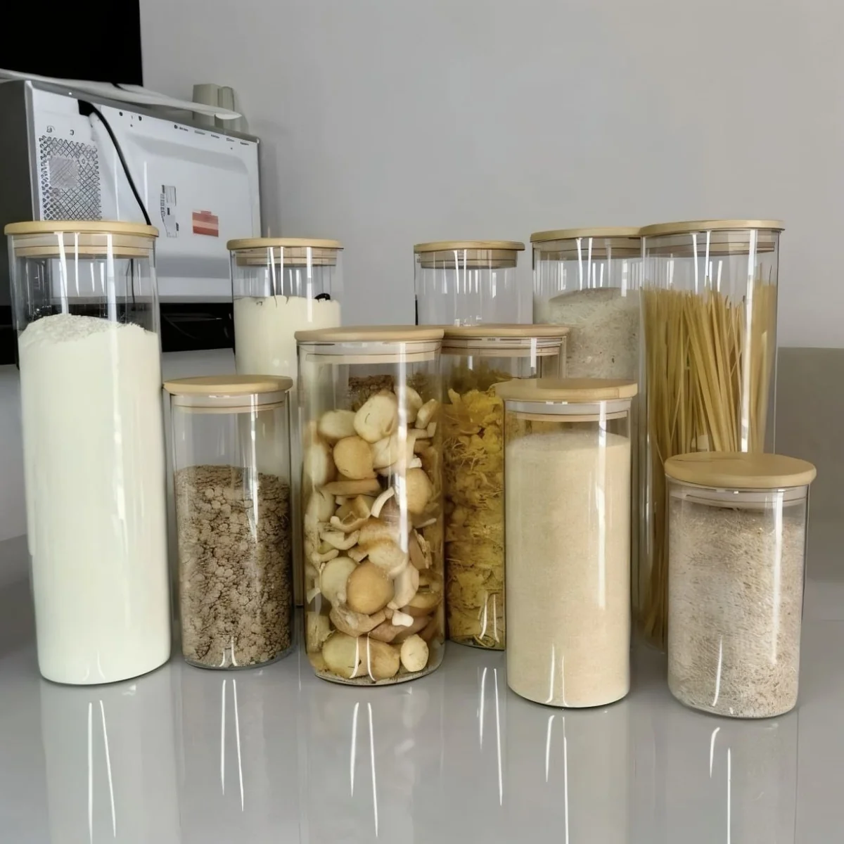 Kit 9 Potes Mantimentos Vidro Herméticos Com Tampa Bambu Alta Resistência Epsilon Eps-709 Transparente
